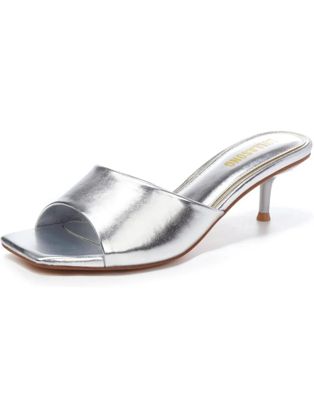 Women's Silver Faux Leather Square Open Toe Low Heels 2 Inch Heeled Sandals